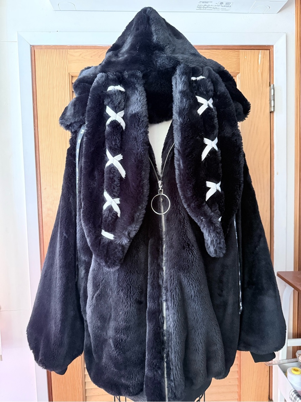 Black Faux Fur Hooded Bunny-Ear Coat with Ribbon Trim